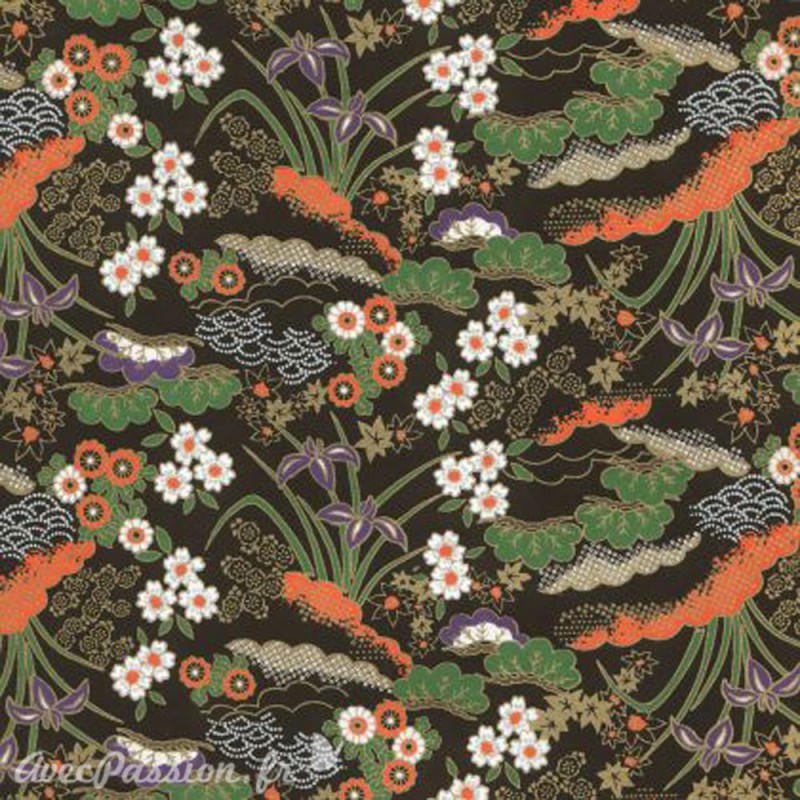 Papier Japonais Washi Chiyogami Grand Format Plantes Fleurs Noir