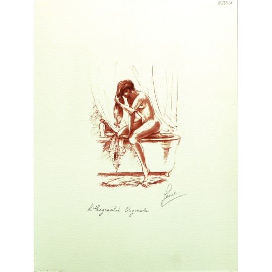 Gravure lithographie femme sanguine se lavant les cheveux