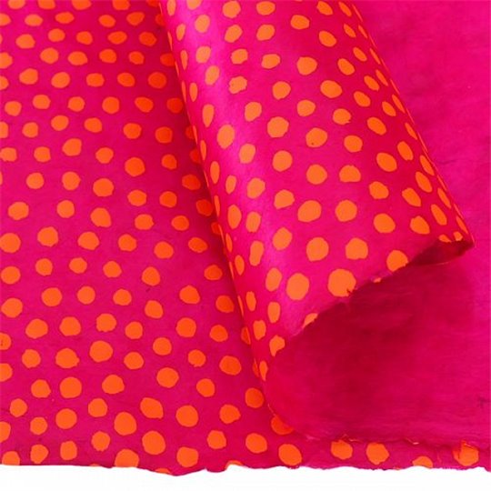 Papier népalais lokta points orange fond fuschia