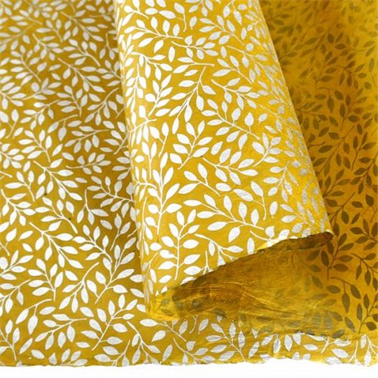 Papier népalais lokta LamaLi Saule jaune motifs feuilles argent