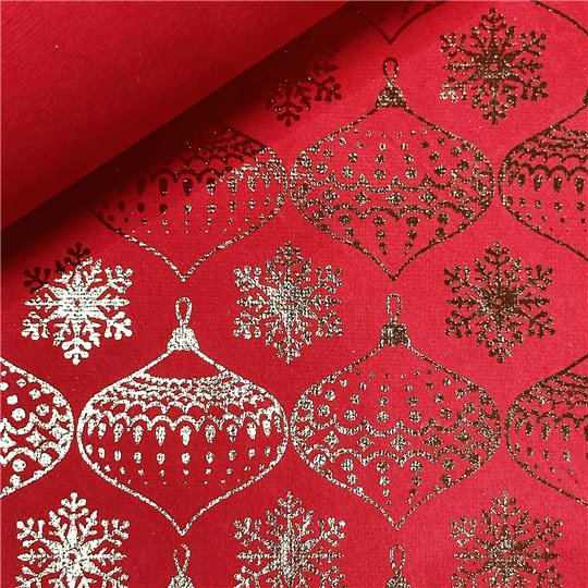 Papier indien fait main motifs Boules de Noël dorées sur fond rouge 50x70cm