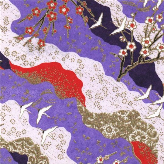 Papier japonais washi hirondelles cerisiers violet blanc or  By Taniguchi